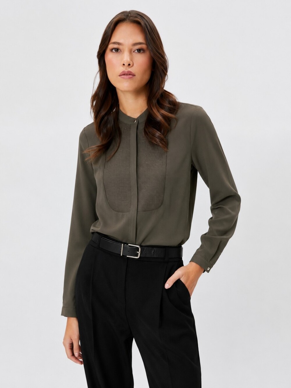 Koton Olive Green Mandarin Collar Blouse | Long Sleeve Size UK 8 / EUR 36